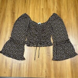 Altar’d State Floral Smocked Crop Top Bell Sleeve Brown Size S NWT
